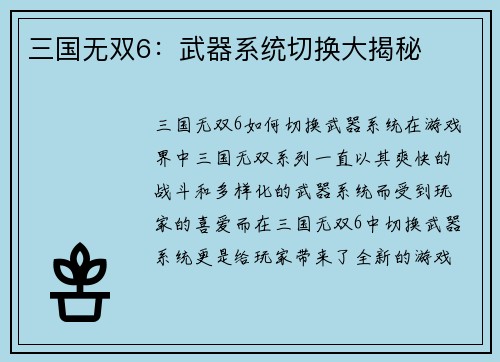 三国无双6：武器系统切换大揭秘