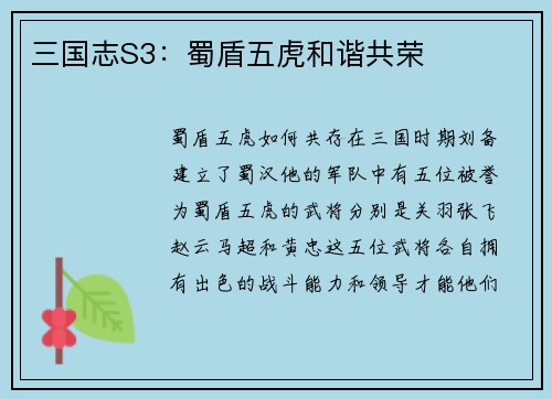 三国志S3：蜀盾五虎和谐共荣