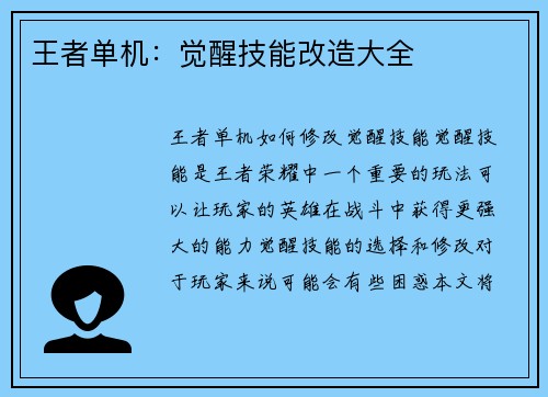 王者单机：觉醒技能改造大全